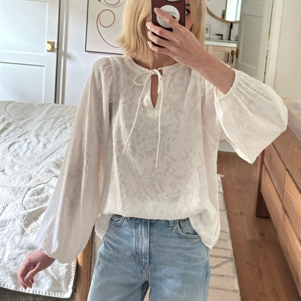 Petite Floral Jacquard Shirred Tie Neck Blouse